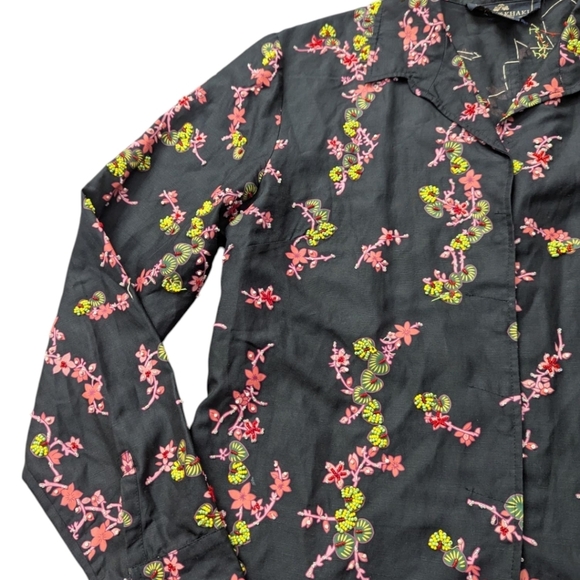British Khaki Silk/ Linen Black Floral Beaded Snap Front Old Money Shirt Sz L - Picture 3 of 12